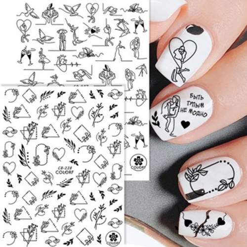 1Pcs Black Face book Line Letter Love Cartoon Nail Sticker Abstract Designs Nail Stickers Decoration For Nail Tips Beauty