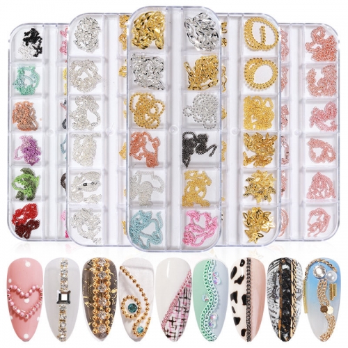12 Grid/box Mixed Style Nail Chain Jewelry for DIY Art Decoration Fashion Metal Nails Accessories for Manicure Design