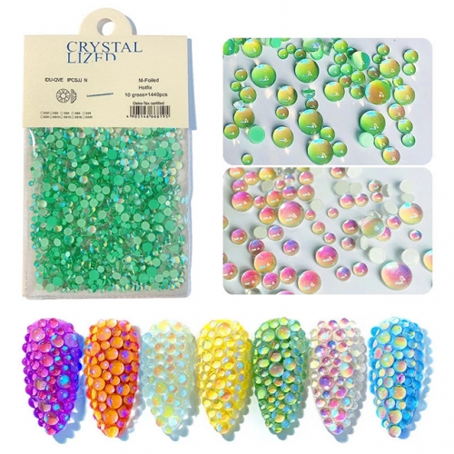 1440Pcs/Pack Mermaid Illusion Pearl Aurora Transparent Crystal Neon Decorative Gemstones Mixed SizeNail Art 3D Diamond Crystal Nai