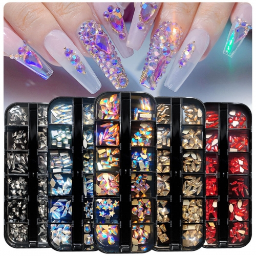 1Box Mixed Shaped Diamond 3D Flatback Glass Nail Art Rhinestones Fancy Shaped Crystals Stones for DIY Nails Art Decorations