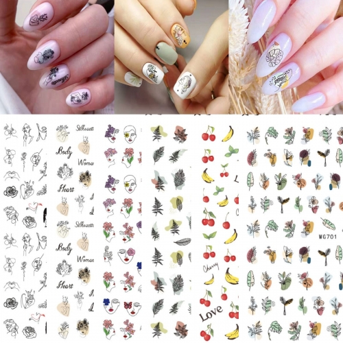 1Pcs Nail Decals Water Sliders Paper Abstract People Leaves Doodle Nail Art Stickers Nail Art Decor Gel Polish Sticker Manicure Foils