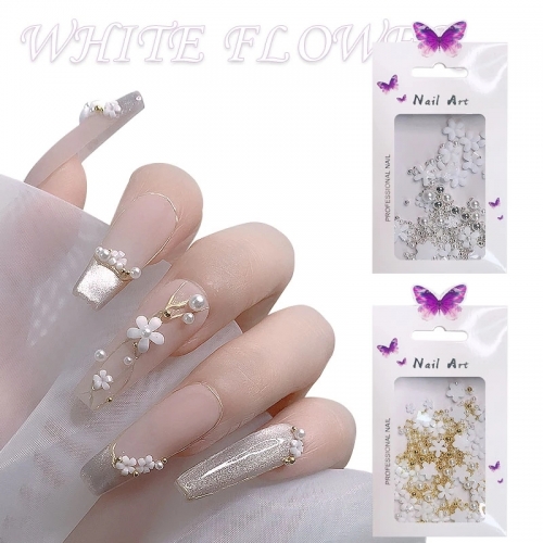 1Pcs Mixed White Flower Nail Art Decorations Fashion Steel Ball Nails Accessories for DIY Manicure Design