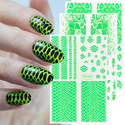 1pcs Fluorescent Green 3D Stickers For Nail Art Snake Print Cows Zebra Black Linear Nail Decals Slider Manicure