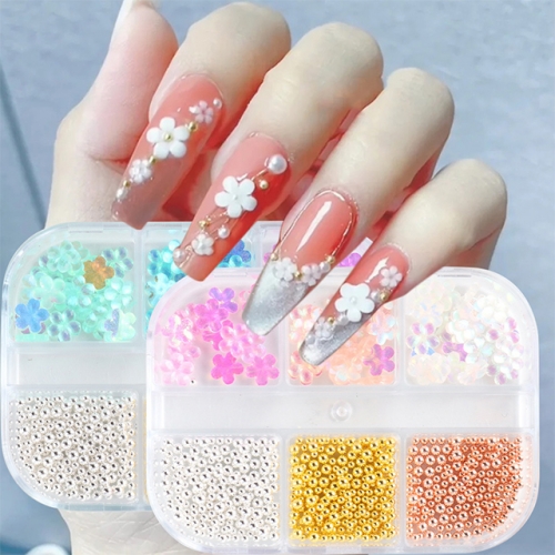 6 grids/box Resin Nail Art Decorations AB Symphony Aurora Flower Crystal Nail Art Ornaments Mixed Metal Beads Manicure Accessory