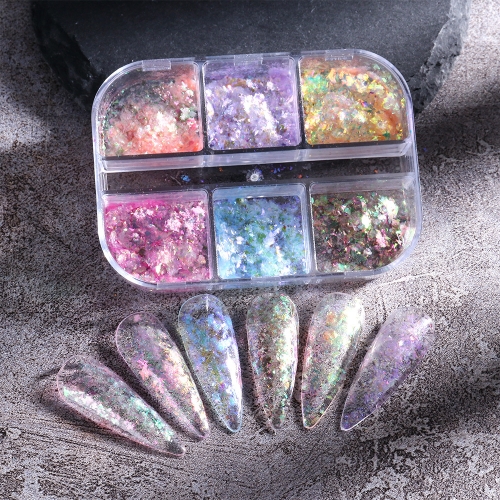 6 grids / box Snow Velvet Ultra-thin Blue Purple Iridescent Opal Flake Nail Sequins Chrome Glitter Aurora Powder Nail Art Decoration Manicure