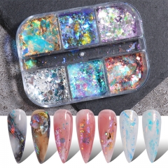 6 grids / box Snow Velvet Ultra-thin Blue Purple Iridescent Opal Flake Nail Sequins Chrome Glitter Aurora Powder Nail Art Decoration Manicure