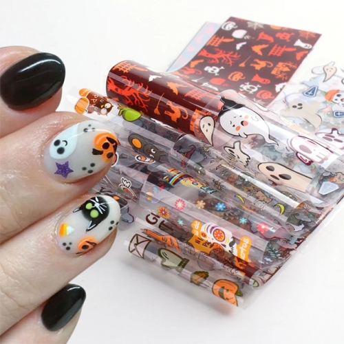 10pcs/pack Cute Halloween Drawings Nail Transfers Foil Slider Ghost Pumpkin Design Snake Skull Nail Art Tattoo Sticker Decorations