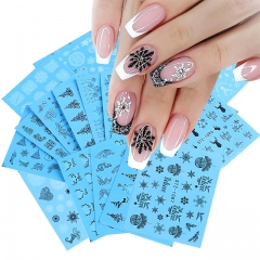 16pcs/set Christmas Nail Stickers Black Lace Water Decals Deer Christmas Tree Transfer Slider Manicure Tools 