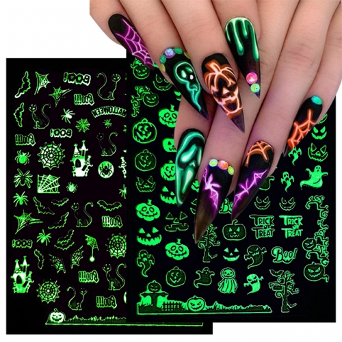 1Pcs Luminous Halloween Manicure Sticker Glowing Skull Spider Applique 3D Viscose Slider Nail Art Sticker 