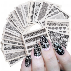RANDOM 24 Designs/set Black And White Lace Flower Nail Art Stickers Water Decals For Nail Art Decoration Sliders For Accessories Nail Tip