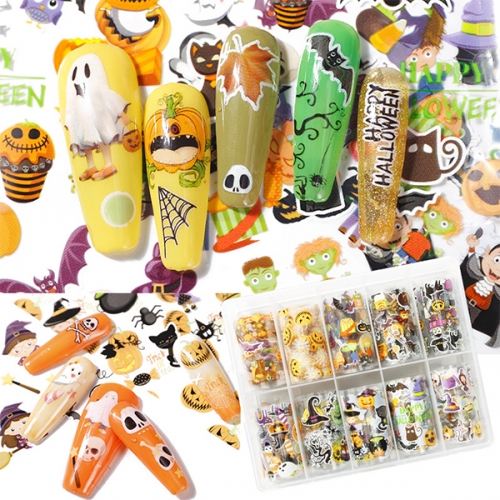 10Rolls/box Holographic Halloween Nail Foil Stickers Ghost Pumpkin Wildfire Bat Transfer Decals Holloween Nail Foil