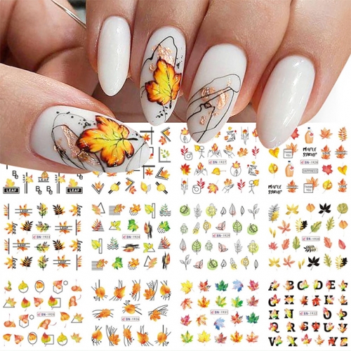  12 Pcs Gold Leaf Nail Stickers Manicure Sliders Maple Leaves Nail Art Water Decals Aluminum Autumn Decorations