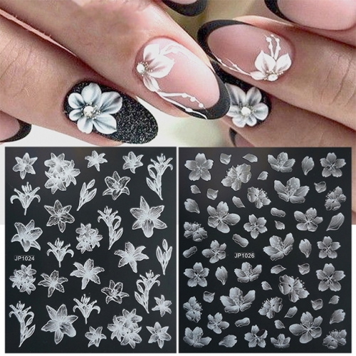 1 pcs 5D Embossed Nail Stickers Relief Pink White Butterfly Moon Leaves Elegant Design Manicure Adhesive Sliders Nail Accessory