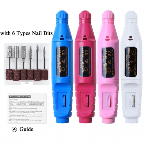 5 Colors 6 Pcs Electric Nail Polishing Machine Portable Manicure Pedicure Polishing Pen Set with Drill Bits Nail Art Tools 