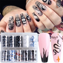 1 Box Nail Foil Stickers Black Demon Face Polish Transfer Stickers with Star Patterns Fire Moon 
