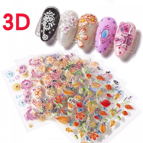 1Pcs Self Adhesive 5D Embossed Flower Design Manicure Nail Stickers For Nail Art Decoration