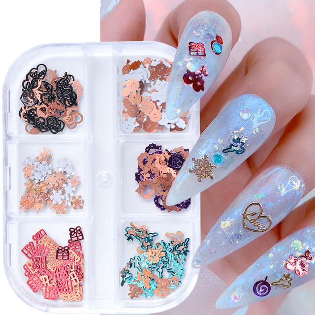 6 Grids/box Christmas 3D Nail Art Decoration Mental Glitter Sequin Mixed Shape Sparkle Flakes Manicure Paillette Nail Parts