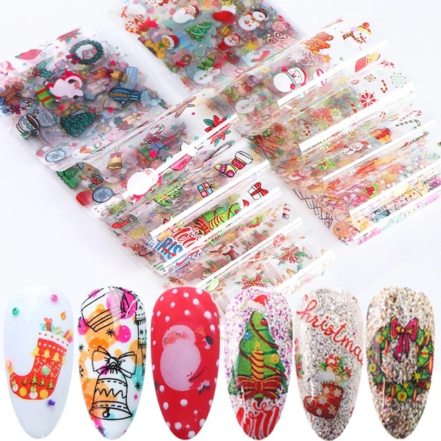 10Pcs/set Multicolor Xmas Transfer Nail Stickers Christmas Wrap Decal For DIY Manicure Nail Charm Supplies Decoration 