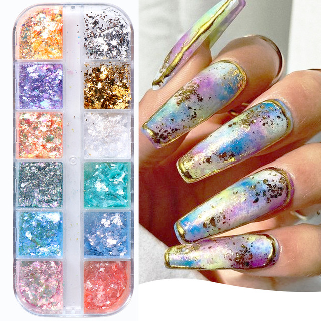 12 Grids/box Opal Powder Nail Flakes Mermaid Glitter Sequins Dust Irregular Gold Foil Aluminum Pink Purple White Paillettes Decorations