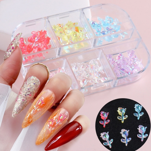  60Pcs/Box 3D Rose Flowers Nail Art Decorations Accessories Aurora Rrose AB Transparent Nail Resin Jewelry