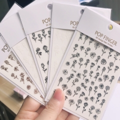 1Pcs Hot Sale Rose Flower Nail Sticker Black And White Flower Adhesive Solid Rose Gold Hollow Nail Sticker For Manicure