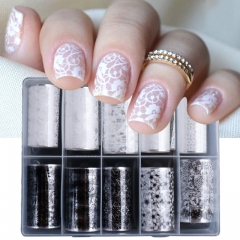 10 Rolls /Box Nail Art Transfer Foil White Black Lace Flower Starry Sky Nail Stickers Decal Wraps Gel Polish Slider Manicure Accesorios 