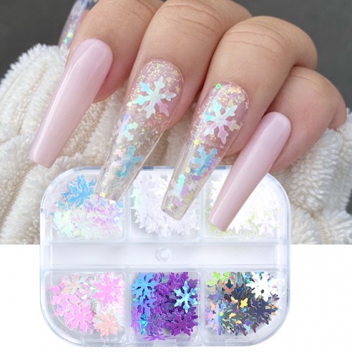 6 Grids/Box Nail Art Glitter Maple Leaf Winter Snowflake Laser Patch Nail Sequins