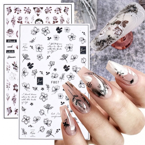 1Pcs 3D Nail Sticker Manicure Decoration Accessories Geometric Leaf Moon Black White Color