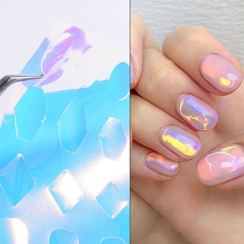 1 Pcs Ice Cube Aurora Glass Colored Irregular Gemstones Nail Sticker Glass Paper Manicure Decor 