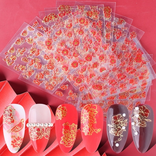 24pcs/set 3D Red Chinese Style Rose Peony 3d Self-adhesive Nail Sticker Flower Decoration Nail Art