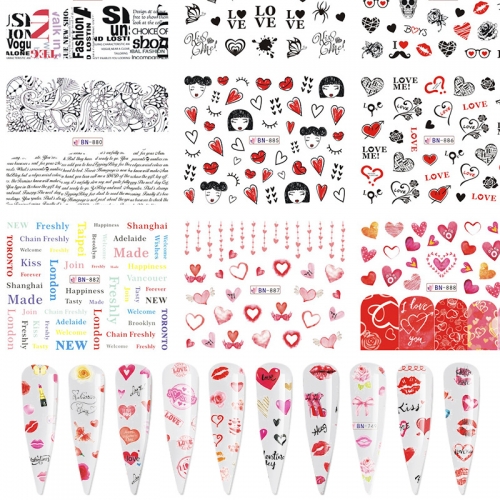 12 Designs / Sheet Valentine's Day Water Transfer & Full Cover Heart Nail Sticker