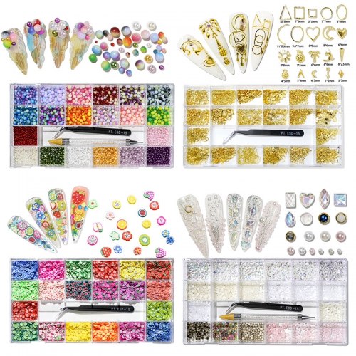 21 Grids Mixed Diamond Flat Bottom Nail Art Glass Crystals AB Nail Rhinestones Set with Dotting Pen