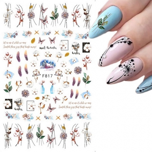 1Pcs 3D Nail Stickers Decals Blue Flower Leaves Adhesive Transfer Sliders Floral DIY Wraps Foils Nail Art Decorations