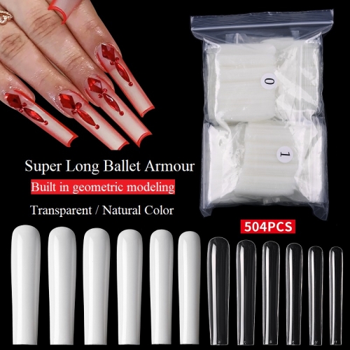 504 Pcs/Pack Super Long Ballet False Nail Full Paste Long Ballet False Nail Coffin Nail Trapezoidal Transparent Nail Piece