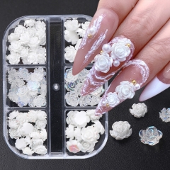 1 Box Charm White Flower Nail Art Decorations 3D Camellia Nail Crystals Rhinstones Set Resin Jewelry Parts Manicure Accessoires