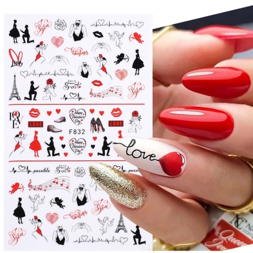 1Pcs 3D Love Valentine Nail Sticker Cartoon Cute Couple Lover Sliders Red Lips Heart Design Wrap Nails Art Manicure Decoration