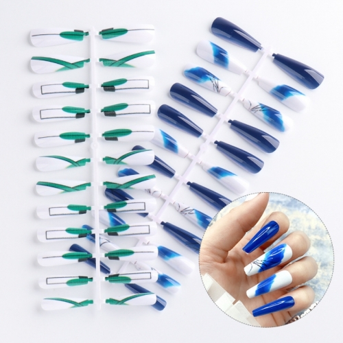 24pcs/set Cross Border New Nail Enhancement Tablets 24 Trapezoidal Long Green Grid Halo Dye Klein Blue Removable Nail Nail Tablets    