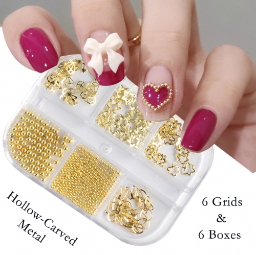 1 Box 3D Gold Metal Slices Liuding Steel Ball Nail Art Decoration Star Mixed Design Hollow Tiny Slice Nail Accessories 