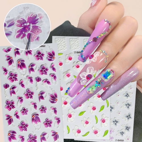 1Bags New Leaf Flower Nail Art Stickers 5D Three-dimensional Adhesive Tape Glue Embossed Colored 