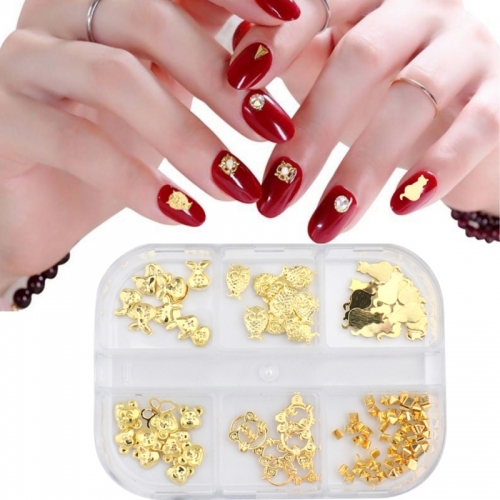 6 Grids/box Metal Animal Nail Decoration Mix Hollow Clover Cherry Blossoms Jewelry Luxury Trend Rhinestone Manicure