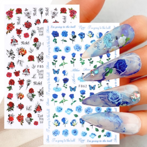 1Pcs Stickers For Nails Rose Flowers Designs Sliders Nail Art Decorations Manicure Self-Adhesive Polish 3D Nail Stickers 