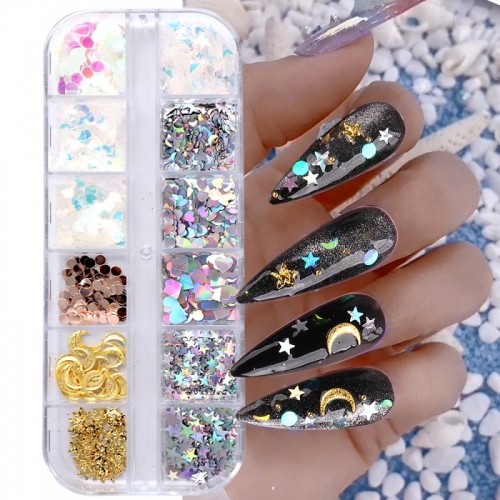 1 Box 12 Grid Nail Glitter Flakes Nail Supplies Neon Love Heart Nails Accesorios Design Nails Sequins DIY Tools