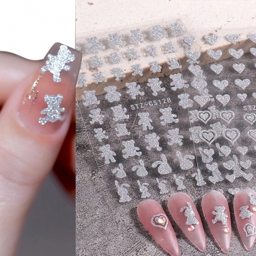 1Pcs Glitter 3D Nail Stickers Decals Laser Silver Heart Love Butterfly Sticker For Nails Sparkly Nail Art Decoration