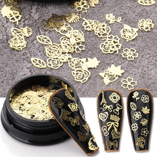 1 Box 3D Metal Nail Art Decoration Mixed Shape Gold Flowers Cross Leaves Rivet DIY Charms Metal Sequins Nail Accessories