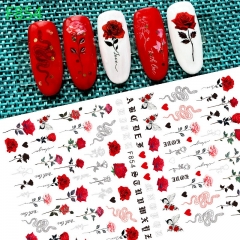 1Pcs Spring Nail Art Stickers Red White Rose Floral Design Sliders Leaves Lines Decals Self-adhesive Nails Accessories Sticker