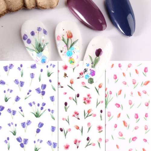 1 Pcs 3D Tulip Flower Nail Art Stickers Decals Summer Spring Flower Rose Plants Adhesive Slider Nail Tattoo Wrap Manicure Decor 