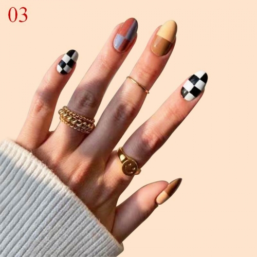 1 Box Checkerboard Fake Nails Wearable Plaid Stripes Full Coverage Elegant Vintage Floral Fake Nails