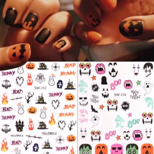 1 Pcs Halloween Nail Art Sticker Skull Bones Clown Pumpkin Slider Snake Anime Cartoon Spider Decal Nail Art Decoration