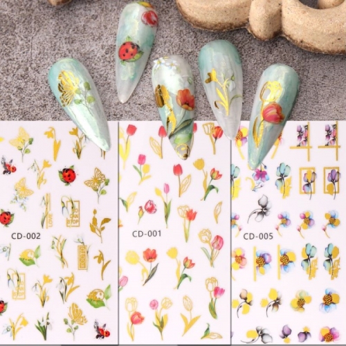 1Pcs Tulip Water Nail Decal Snowdrops Sticker Flower Tropical Leaf Butterfly Transfer Sliders Summer Decor Manicure Tattoos