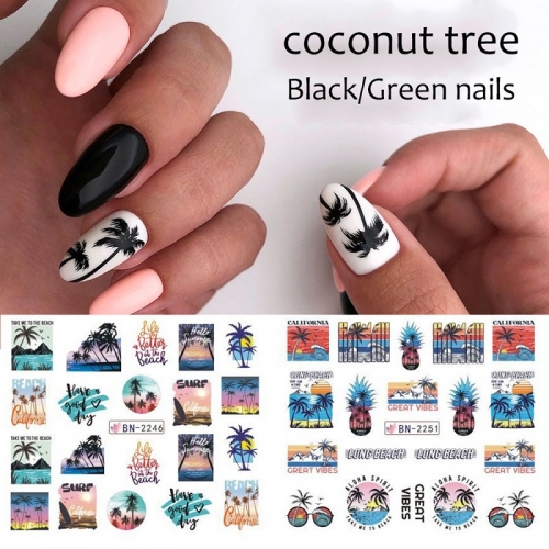 1 Pcs Palm Tree Nail Stickers Summer Ocean Nail Art Coconut Sliders Sea Sunset Water Transfer Decals Manicure Tattoos